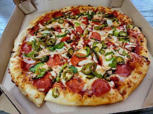 Large hand tossed with pepperoni, jalapeño, green peppers, onions, and extra sauce... Yummm!