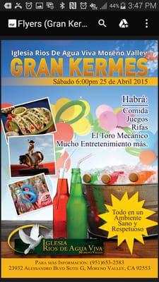 Este Sabado 25 de Abril le invitamos a una gran Kermes, que llevaremos a cabo a las 6:00 pm.
 Este evento es familiar