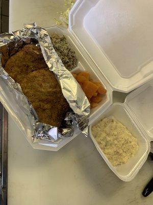 Fried pork chops, candied yams, dirty rice, & mac n cheese