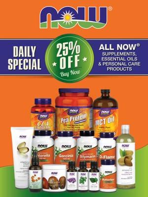 At Good Life we offer 25% off NOW supplements and essential oils retail price every day. Come and see