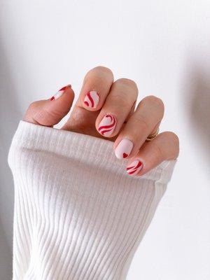 Russian Dry Manicure with red and pink swirl design