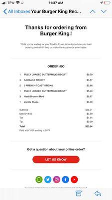 Burger kings delivery fees