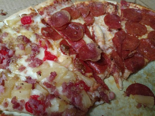 Cavanaugh Pizza Parlor will make pizzas that are half pepperoni and half Hawaiian Delight. Some places won't do this.