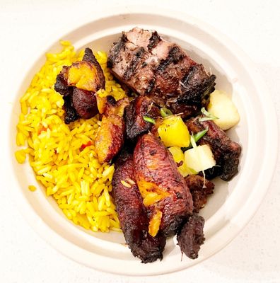 Caribe Bowl- Coconut Rice & Beans, Sweet Fried Plantains, and Spicy Jerk Chicken