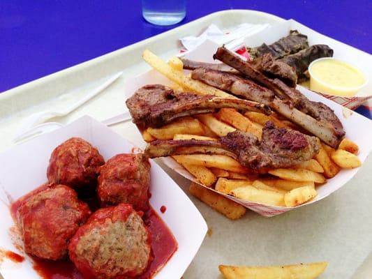 Lemon Lamb Chops with seasoned fries, Greek meatballs, and the best Dolmades with lemon-egg sauce!