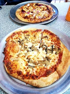 Mushrooms pizza and BBQ Chicken Pizza