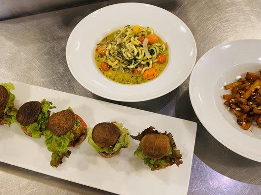 Shiitake Cheeseburger Sliders Zucchini Noodles w/salsa verde cream sauce Squash Fries