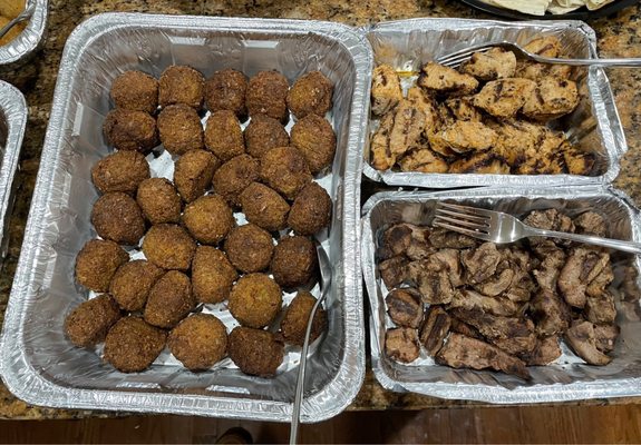 Beef kibbe, chicken kebab, lamb kebab