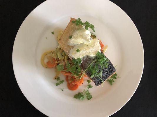 Crispy skin Salmon, veggie 'pasta', citrus butter