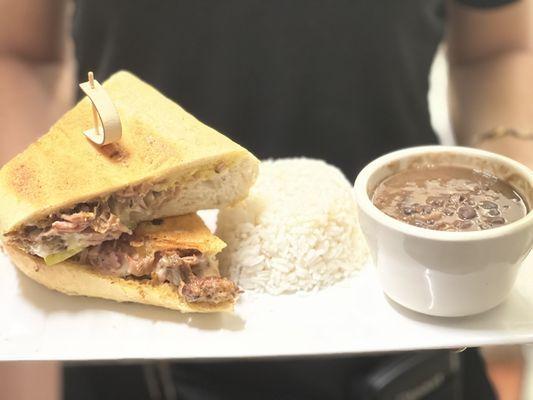 Cuban Sandwich, white rice, and black beans.