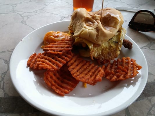 Fried chicken & egg sandwhich with sweet potato fries