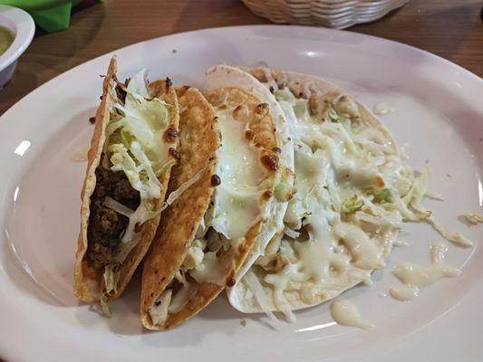 Tacos...1 beef, 1 grilled chicken, and a grilled chicken soft taco.