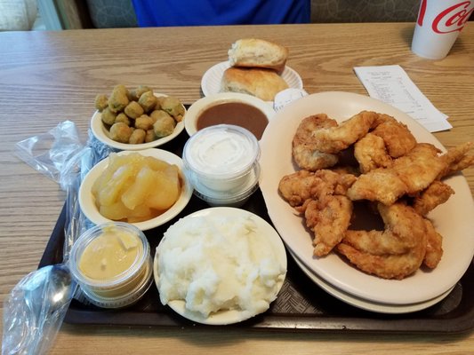 Chicken Tenders, Creamed Potatoes, Okra and Baked Apples. September, 2019.