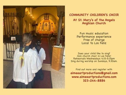 Join free children's church choir in Los Feliz. Call 323-244-8866 Registration: https://us12.admin.mailchimp.com/campaigns/show?id=14970707