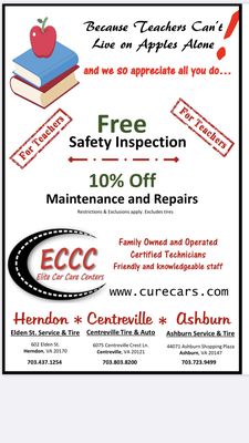 We love our teachers and school staff!! Get a free inspection as a thank you for all you do!