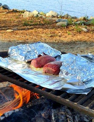 Filet Mignon, shashito peppers, and smashed red potatoes. Roughing it.