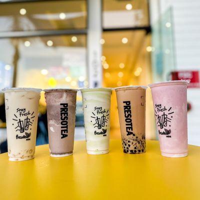 White Peach Milk Tea, Oreo Creme Slush, Avocado Cloud, Wintermelon & Hojicha Milk Tea, Strawberry Cloud