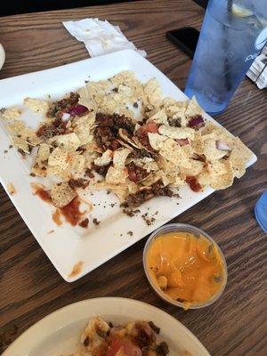 Worst nachos of my life.  Dry meat and ketchup salsa.  $10 too! Horrendous.