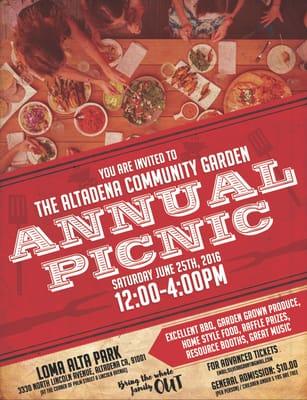 2016 Annual Picnic tickets available through www.altadenacommunitygarden.com