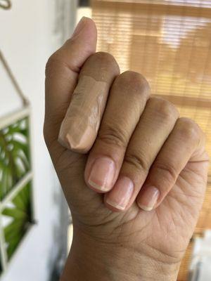 Clear coat regular manicure. She showed my damaged nail extra love by applying an antibiotic cream & bandaging it