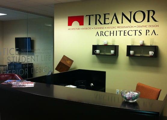 Reception wall at Treanor Architect's office in Dallas, TX