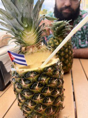 Piña colada served in a pineapple