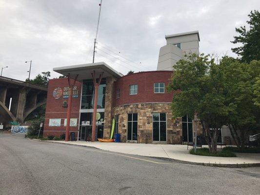 Outdoor Knoxville Adventure Center: The Beer Porch and visitor info inside.