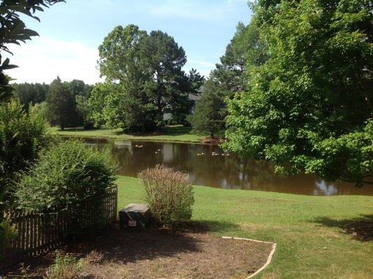 Outdoor studio looks over lake.