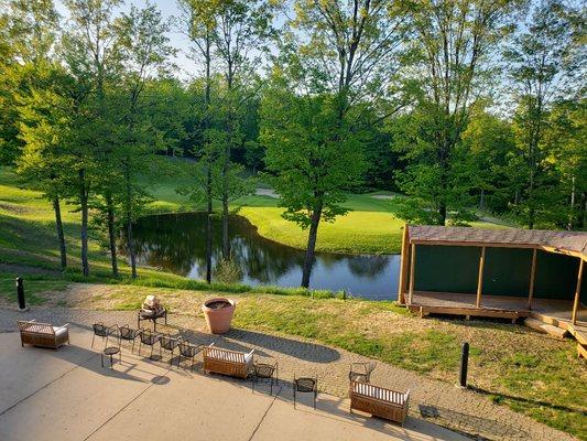 View of Cedar River Golf Course from outside patio balcony dining area.