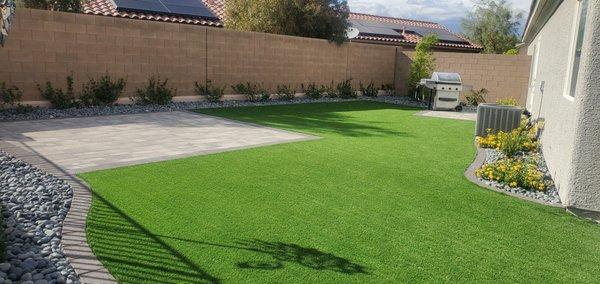 Turf, Mexican Beach Pebble and shrubs, bushes, and tree