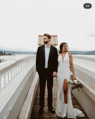 Bride & Groom on Lake Coeur d'Alene Boardwalk in ID - Photos by Film Moods