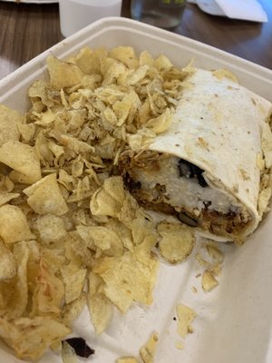 Pork burrito and potato chip remnants