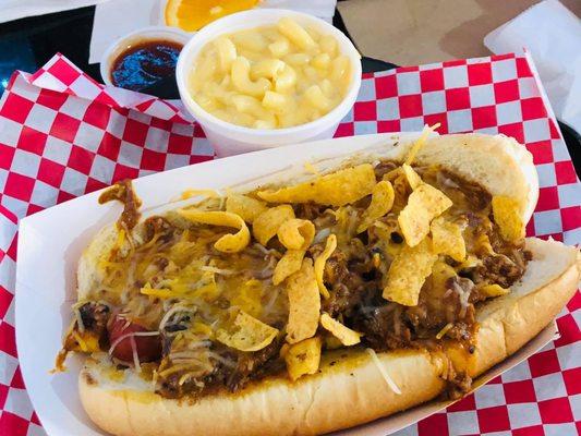 Chili Cheese Dog of the Frito Lay persuasion with a side of the perfection which is MacNCheese.