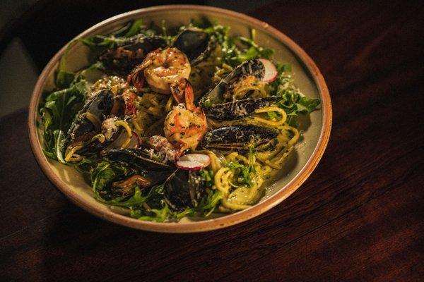 SEAFOOD SPAGHETTI|  shrimp, mussels, bay scallops, bacon