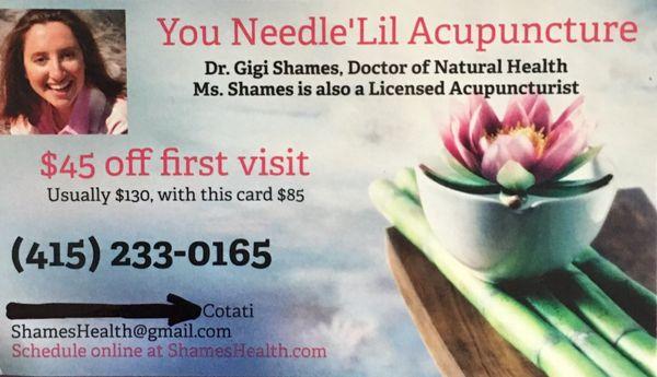 Dr. Gigi Shames is a Doctor of Natural Health. Ms. Shames is also a Licensed Acupuncturist.