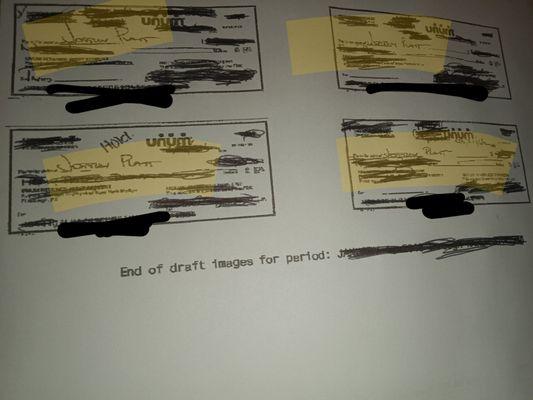 Name and dates checks being cashed by an employee who was still employed under Tom Redgate while patient was being treated.