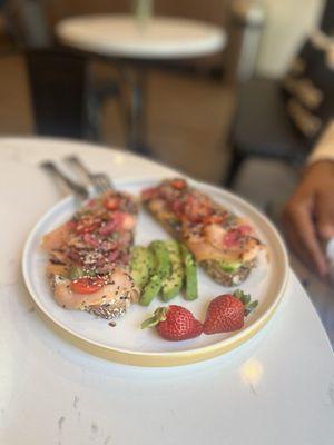 Salmon toast added avocado on the side