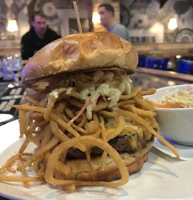 Carolina burger.  Gigantic!  It's bigger than the dudes at the end of the bar!  Looks better than it tastes.