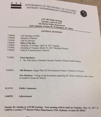 Monthly ANC 8B Public Meeting Agenda