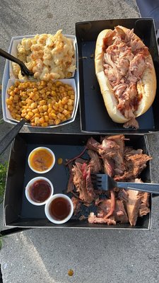 Street corn, Mac & cheese, pulled chicken sandwich & brisket