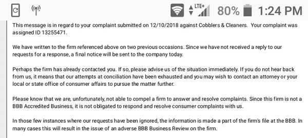 ...and the response from the Better Business Bureau. This place isn't worth your business. They are not reputable in the least.