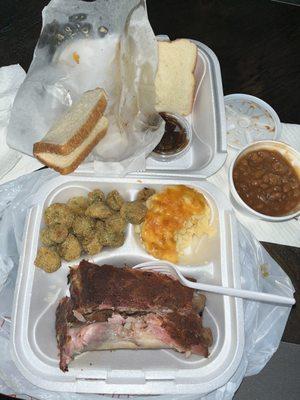 Fried okra, Mac & cheese, smoked ribs and baked beans