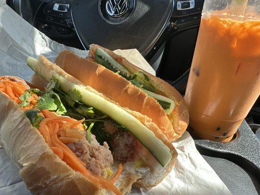 Banh mi meat ball. One spicy, one original. Thai tea with tapioca.