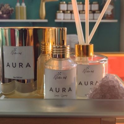 Our beautiful fragrance AURA created by Nurture Leaf Wellness Studio 
Products shown:  Diffuser, Room Spray and Soy Coconut Candle