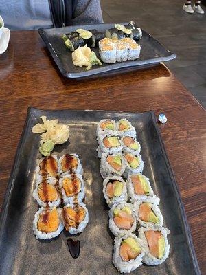 Spicy Cooked White Fish Roll, Salmon avocado roll, Sweet Potato Tempura Roll, Avocado Roll