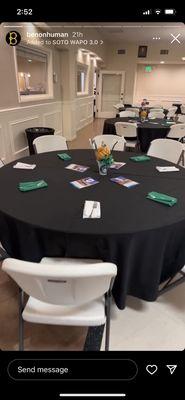 Banquet hall includes tables and chairs, tablecloths can be rented for a very reasonable price