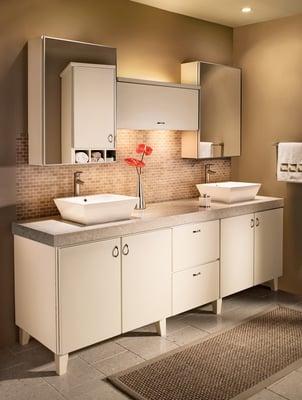 Contemporary spa-inspired bath, vessel sinks, furniture detail, mosaic tile.