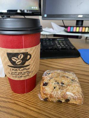 Chai latte with almond milk and blueberry scone