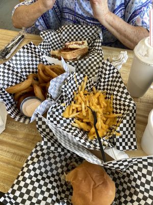 Cheese fries, onion rings, chicken sandwich, grilled cheese