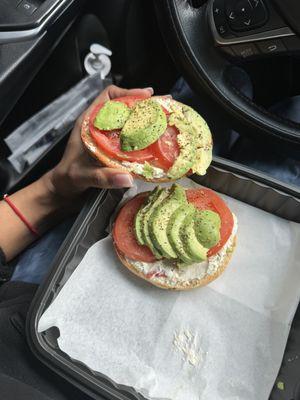 Bagel with veggie cream cheese, avocado, tomato, & lemon pepper